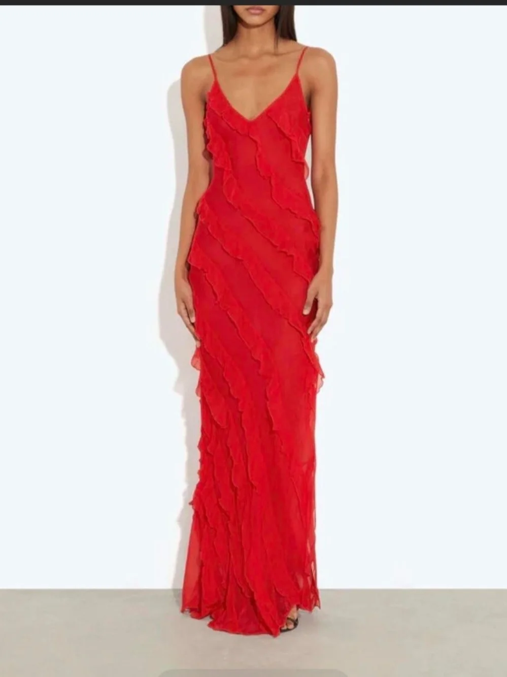 Rat & Boa Red Ruffled Maxi Slip Dress with Side Slit - Picture 4 of 7